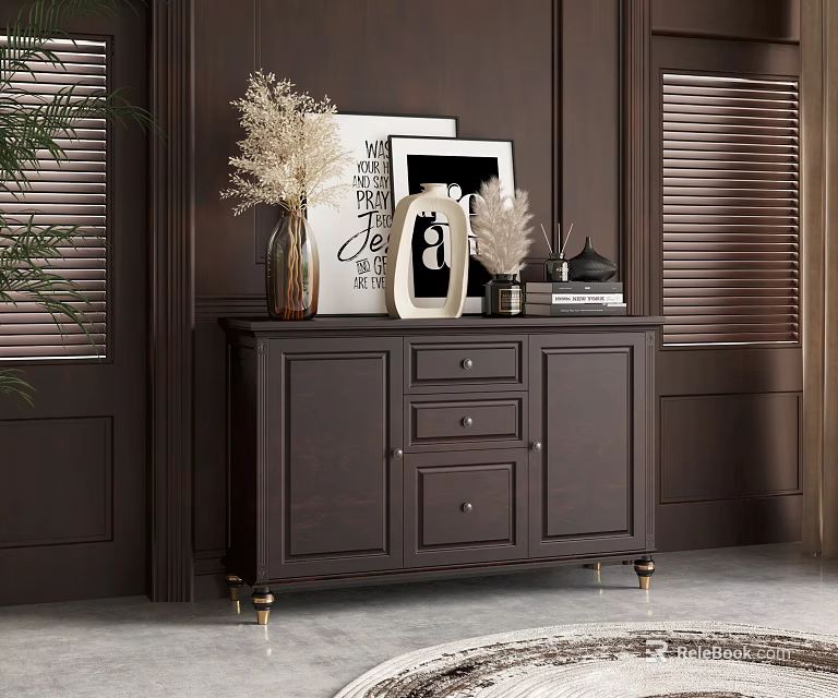 Dark Wooden Console Sideboard Cabinet with Golden Legs Decorative Vase and Photo Frame 3d model 