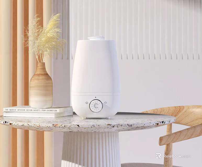 White Design Humidifier Daily Use Appliance On Marble Table With Wooden Vase And Dried Grass 3d model 