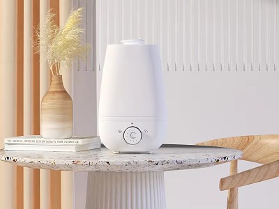 White Design Humidifier Daily Use Appliance On Marble Table With Wooden Vase And Dried Grass 3d model