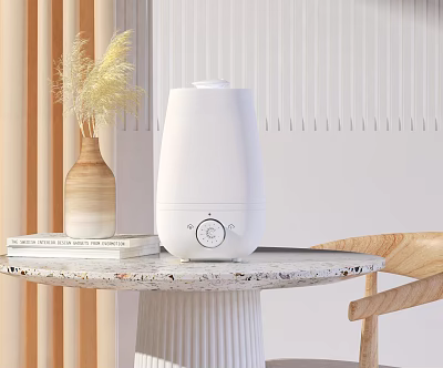 White Design Humidifier Daily Use Appliance On Marble Table With Wooden Vase And Dried Grass 3d model