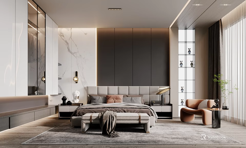 Modern Bedroom Interior With Large Bed Marble Accent Wall And Nightstand Lighting Fixture 3d model 