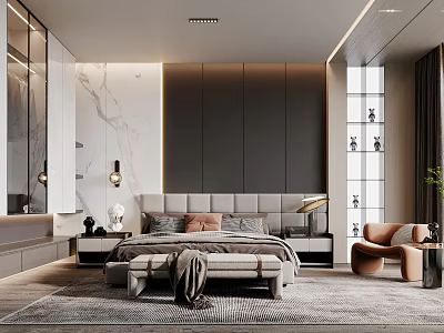 Modern Bedroom Interior With Large Bed Marble Accent Wall And Nightstand Lighting Fixture 3d model