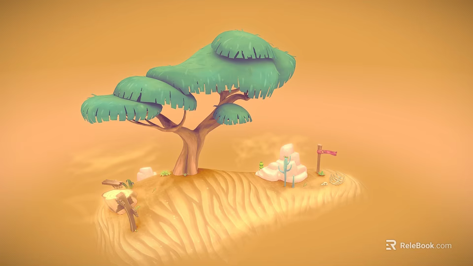 3D Render Green Canopy Tree With Brown Trunk In Sandy Terrain And Small Rocks 3d model