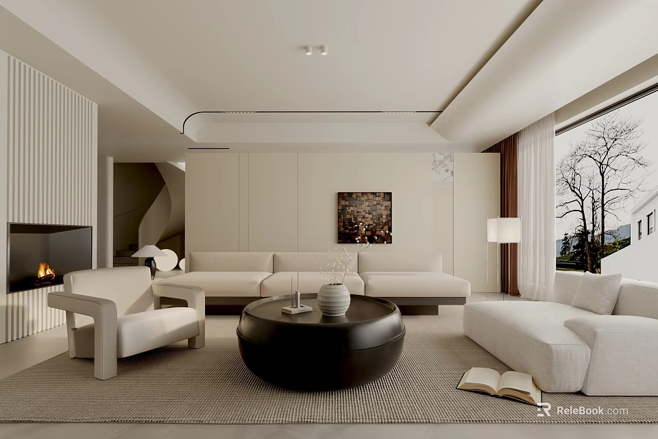 Modern Minimalist Beige Living Room With Cozy Sofas Round Coffee Table And Large Floor Window 3d model 