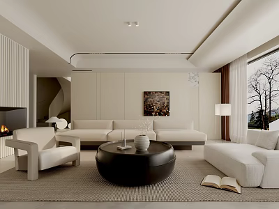 Modern Minimalist Beige Living Room With Cozy Sofas Round Coffee Table And Large Floor Window 3d model