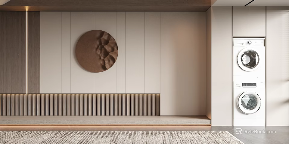Minimalist Sofa Background Wall Interior With Circular Decor And Slats 3d model 