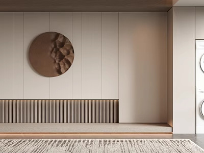 Minimalist Sofa Background Wall Interior With Circular Decor And Slats 3d model