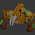 Futuristic Mechanical Claw Weapon with Golden Body Green Glowing Parts Red Details and Silver Spikes