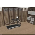 Wooden Storage Cabinet With Intricate Carved Design And Screen Near Treadmill In Modern Room