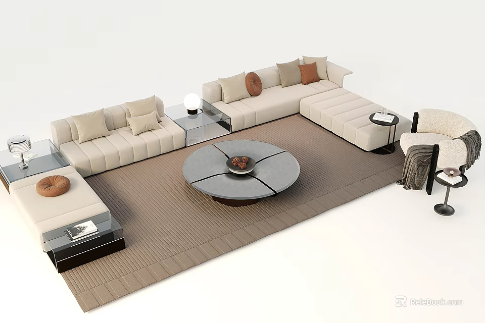 Modern Sofa Coffee Table Combination With Round Table Pillows and Area Rug 3d model