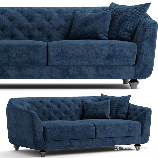 Navy Blue Two-Seater Sofa With Tufted Design Plush Pillows And Stylish Metal Legs 3d model 
