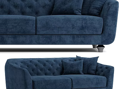 Navy Blue Two-Seater Sofa With Tufted Design Plush Pillows And Stylish Metal Legs 3d model