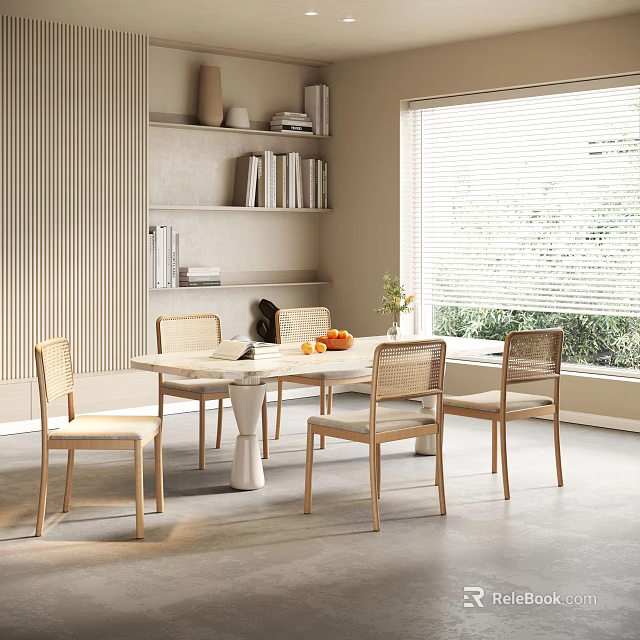 Dining Room Interior With Wooden Table Rattan Chairs Window Blinds And Bookshelves 3d model 
