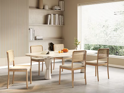Dining Room Interior With Wooden Table Rattan Chairs Window Blinds And Bookshelves 3d model