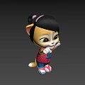Cartoon Cat Game Character Waving Hand With Black Short Hair Red Top And Blue Shorts