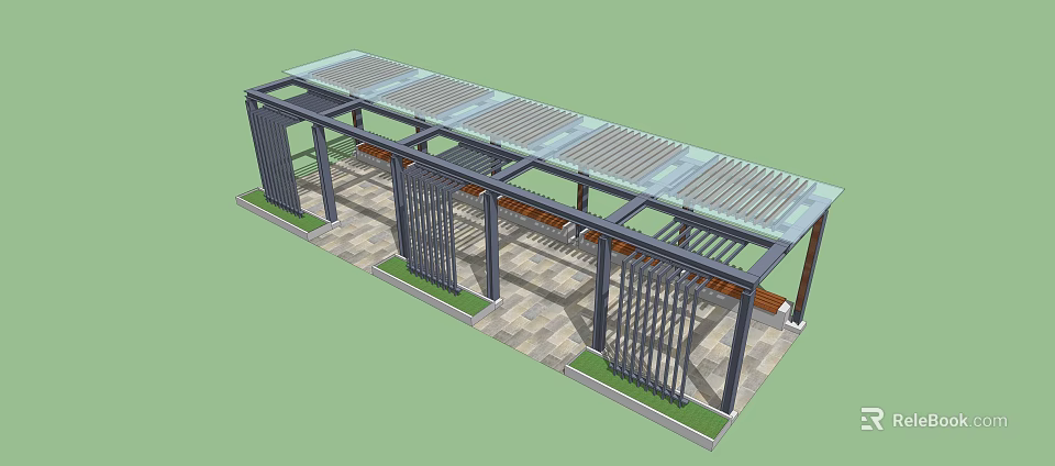 Modern Metal Pergola With Glass Roof And Lattice Railings On Paved Floor 3d model 