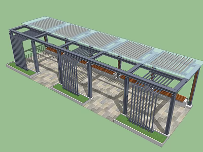 Modern Metal Pergola With Glass Roof And Lattice Railings On Paved Floor 3d model