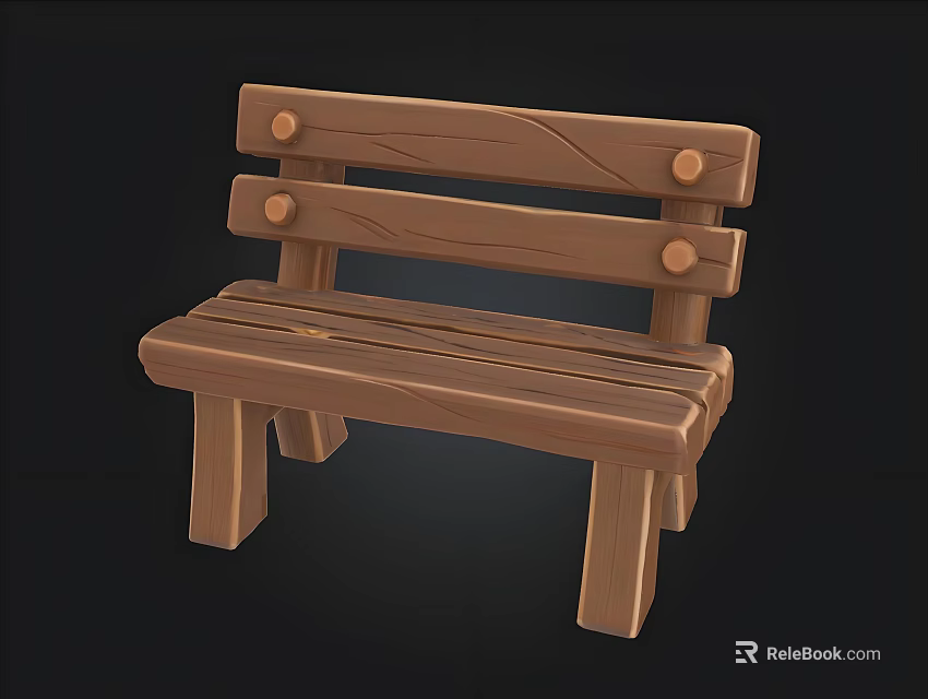 Brown Wooden Bench With Slatted Seat Backrest And Round Knob Details 3d model 