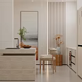 Modern Kitchen and Dining Interior With White Cabinets Dining Table Chairs Plant And Window Blinds