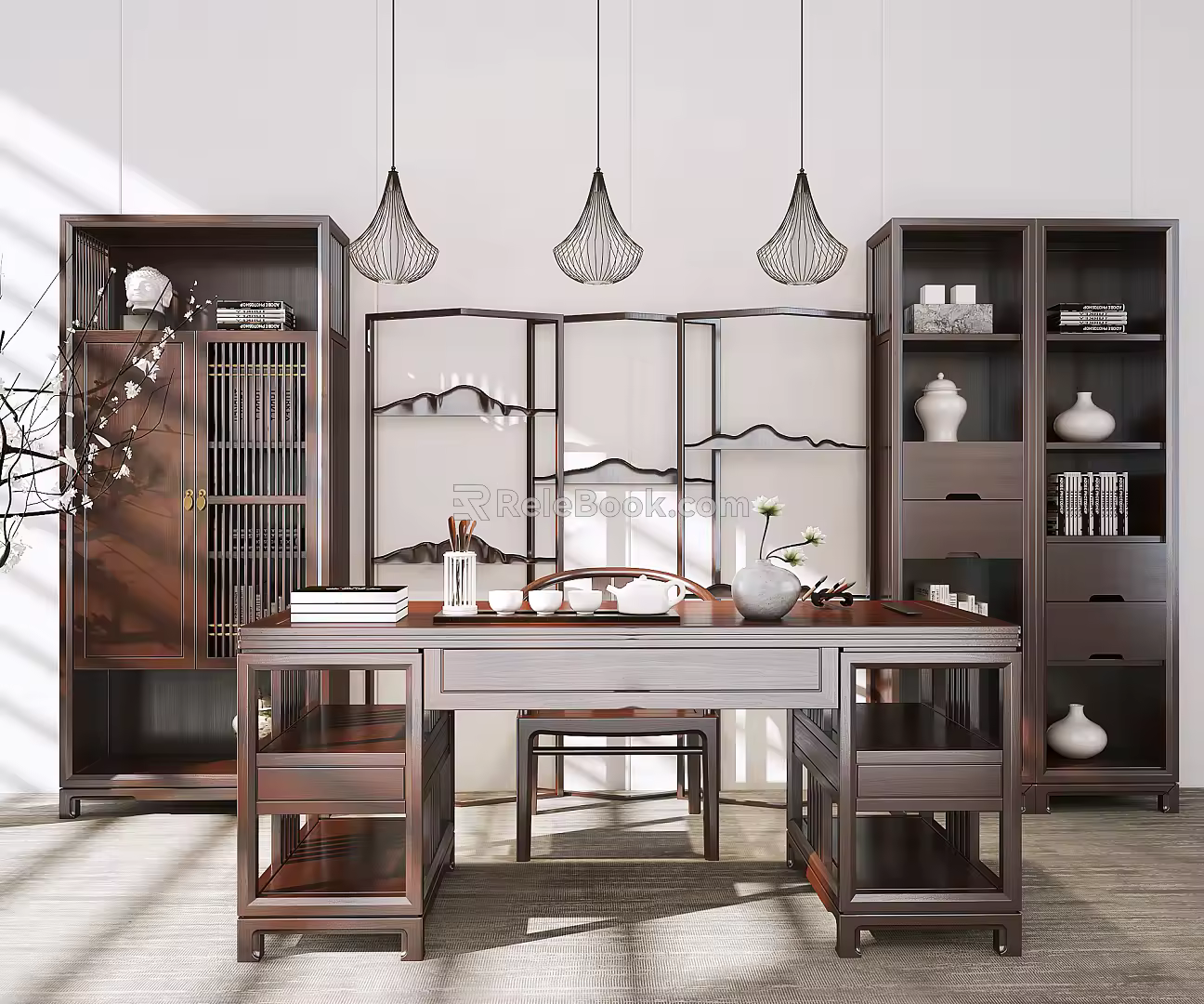 New Chinese Style Desk and Chair Bookcase Table and Chair Combination 3d model