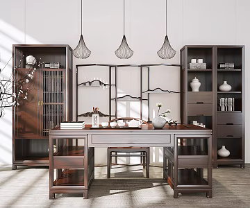 New Chinese Style Desk and Chair Bookcase Table and Chair Combination 3d model