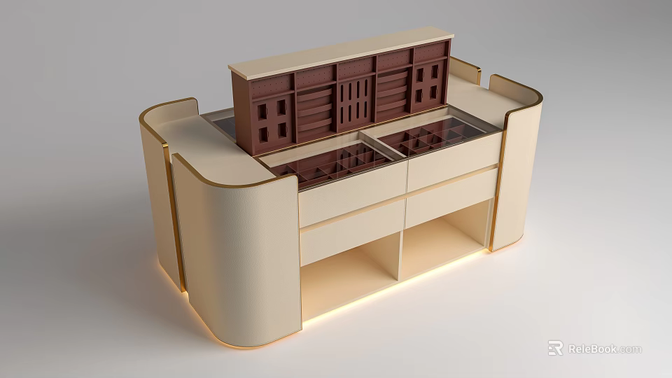 Luxurious Beige And Brown Kitchen Island With Drawers And Lighting 3d model 
