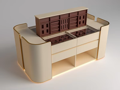 Luxurious Beige And Brown Kitchen Island With Drawers And Lighting 3d model