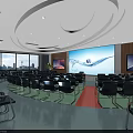 Modern Conference Room Interior With Large Windows Big Screens Black Chairs And Red Carpet