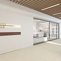 Modern Mall Shop Corridor With Wooden Ceiling Large Windows And Glass Display Cases