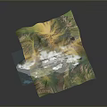 3D Scenery of Mountain Terrain with Green Slopes Yellow Areas and White Covering