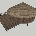 Thatched Roof Gazebo With Wooden Platform And Railing For Outdoor Use