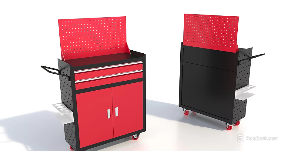 Mobile Hardware Tool Cabinets with Red Pegboard Backs Drawers and Cabinet Doors on Wheels 3d model 