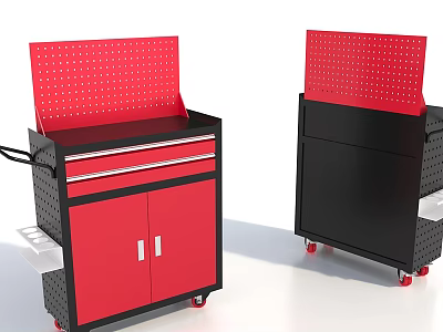 Mobile Hardware Tool Cabinets with Red Pegboard Backs Drawers and Cabinet Doors on Wheels 3d model