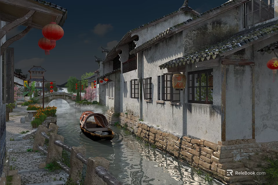 Ancient Architecture With White Walls Tile Roofs Red Lanterns Along River And Boat 3d model 