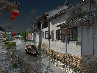 Ancient Architecture With White Walls Tile Roofs Red Lanterns Along River And Boat 3d model