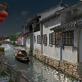 Ancient Architecture With White Walls Tile Roofs Red Lanterns Along River And Boat