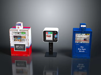 Modern Red Blue Newspaper Kiosks With Digital Display Screen Stand 3d model