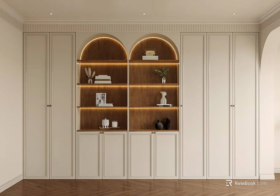 Modern White Decorative Cabinet With Arched Wooden Shelves And Lighting Displaying Books Vases Decorative Items 3d model 