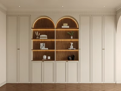 Modern White Decorative Cabinet With Arched Wooden Shelves And Lighting Displaying Books Vases Decorative Items 3d model