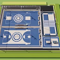 Outdoor Modern Basketball Court With Two Courts Blue Flooring White Lines And Surrounding Trees