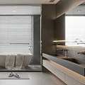 Modern Luxury Gray Bathroom With Bathtub Double Vanity Large Mirror Blinds And Wall Mounted Toilet