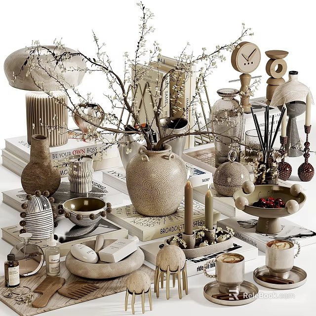 Minimalist Natural Decorative Ornament Set With Vases Candles Branches Clocks And Books 3d model 