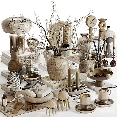 Minimalist Natural Decorative Ornament Set With Vases Candles Branches Clocks And Books 3d model
