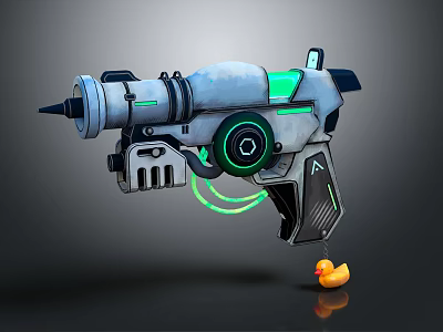 Futuristic Sci Fi Gun With Gray Blue Body Green Glow And Yellow Duck Accessory 3d model