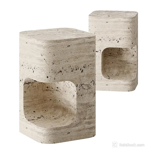 Set of Two Square Travertine Stone Functional Tables With Hollow Cutout Side Design 3d model 