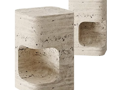 Set of Two Square Travertine Stone Functional Tables With Hollow Cutout Side Design 3d model
