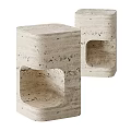 Set of Two Square Travertine Stone Functional Tables With Hollow Cutout Side Design
