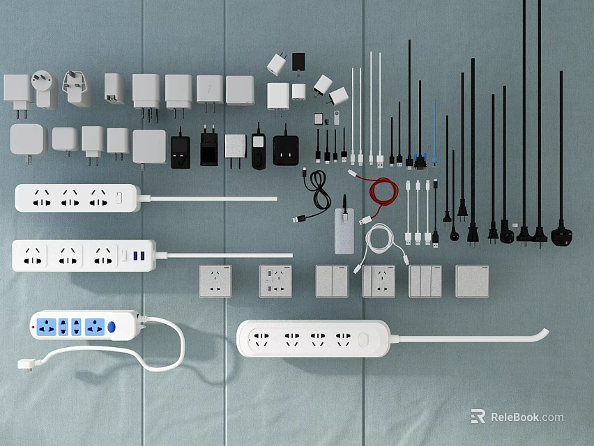 Various Types of Switch Panels with Sockets Power Strips and Accessories 3d model 