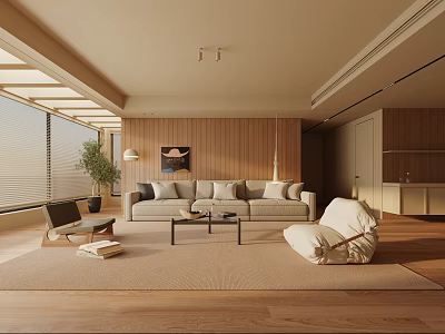 Modern Living Room Interior Design With Wooden Walls Light Gray Sofa And Beige Rug 3d model