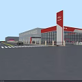 Modern Industrial Factory Building With Glass Facade Red White Exterior And Parking Area